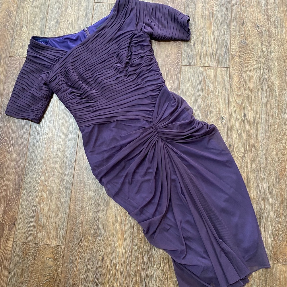Tadashi Shoji eggplant ruched evening dress